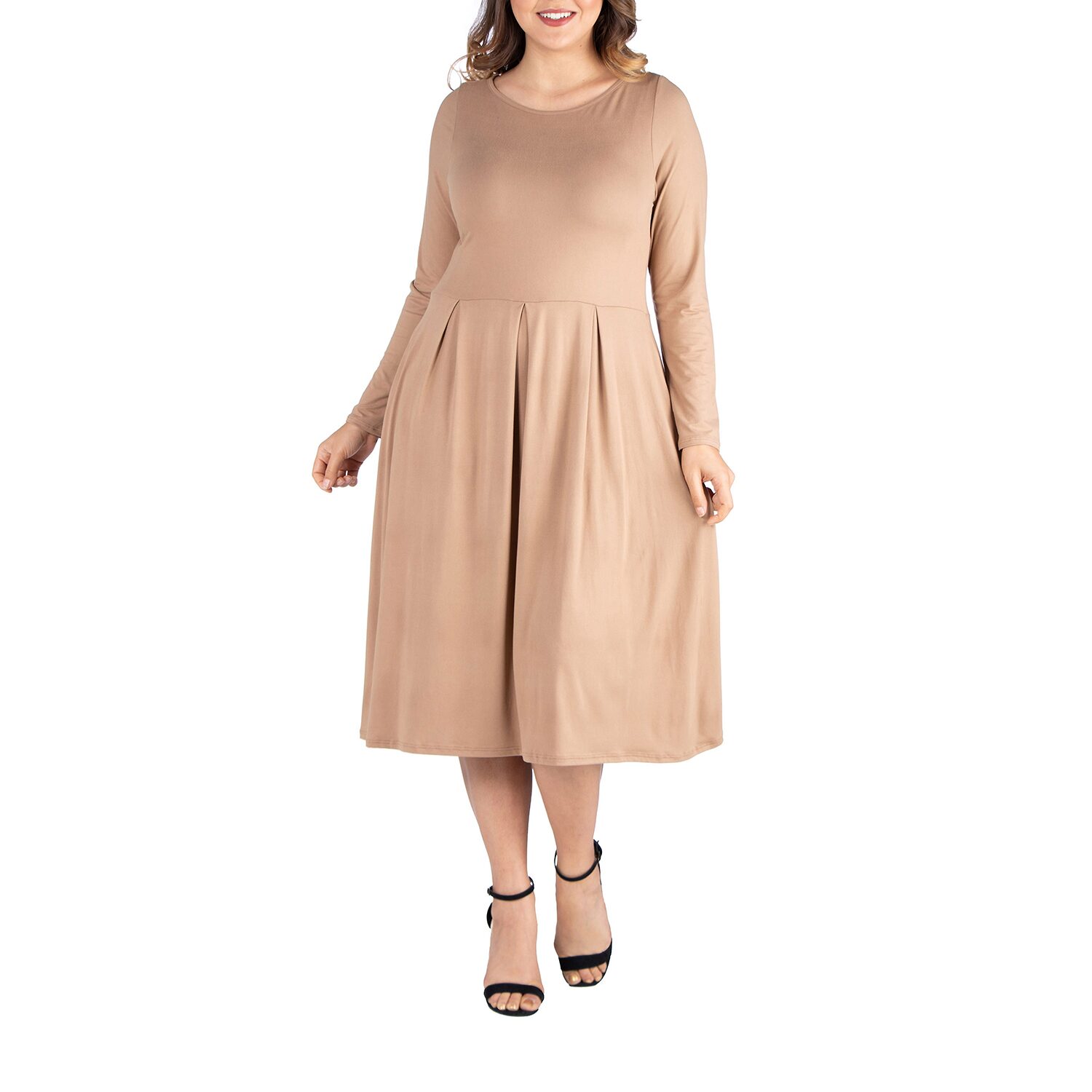 24seven Comfort Apparel Womens Plus Midi Round Neck Long Sleeve Fit + Flare Dress