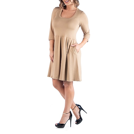 24seven Comfort Apparel Womens Plus Round Neck 3/4 Sleeve A-Line Dress