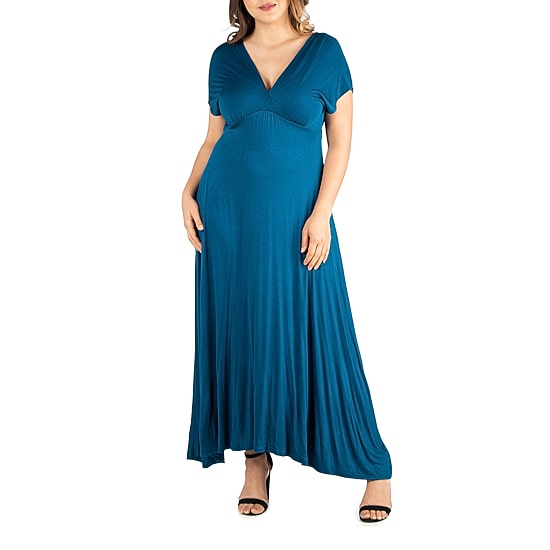 24seven Comfort Apparel Womens Plus V Neck Short Sleeve Maxi Dress