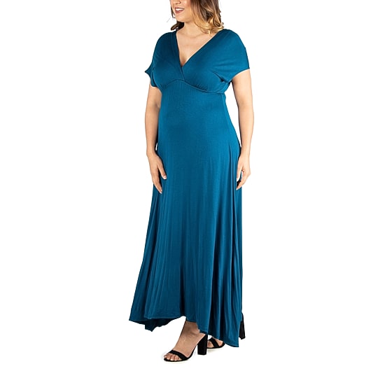 24seven Comfort Apparel Womens Plus V Neck Short Sleeve Maxi Dress