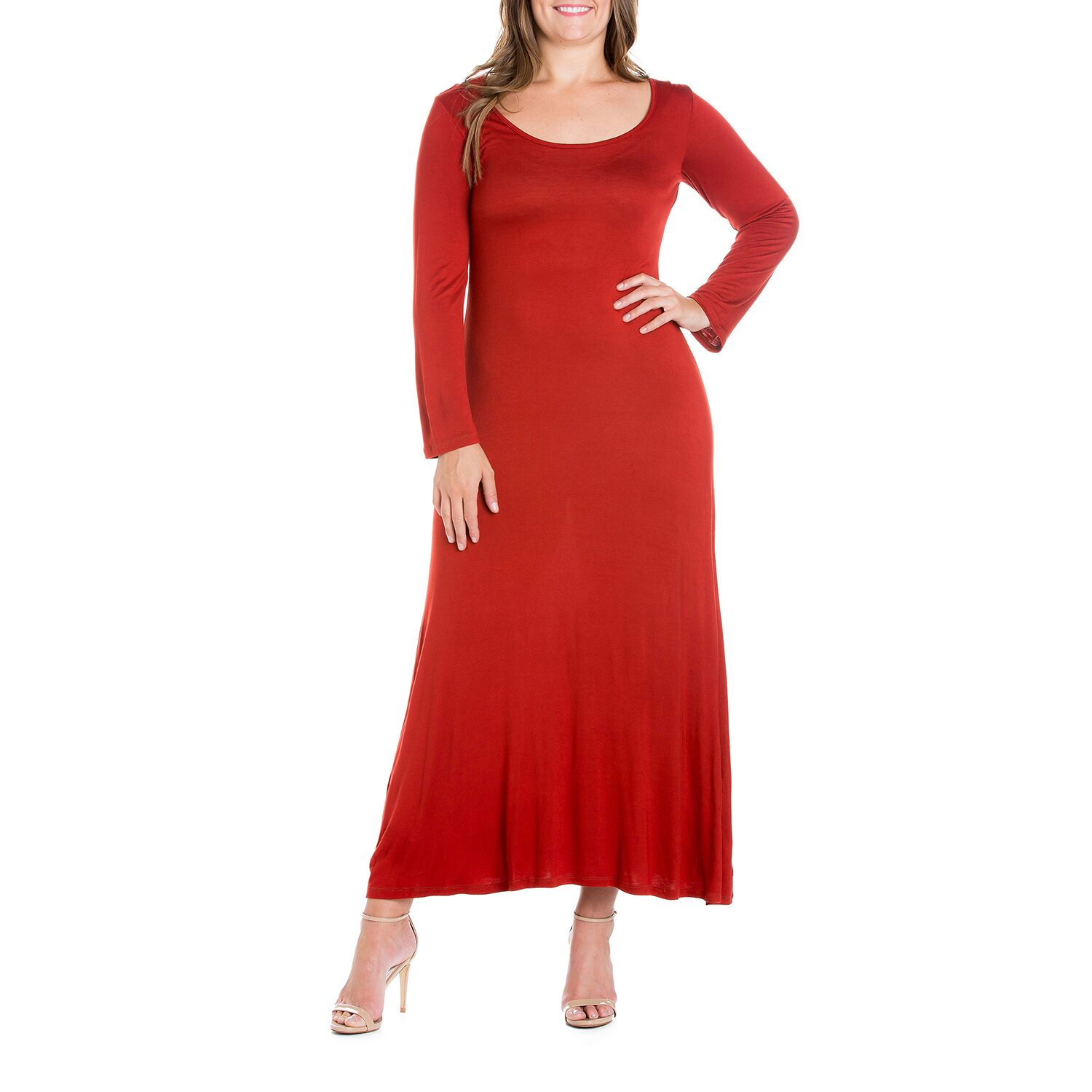 24seven Comfort Apparel Womens Plus Scoop Neck Long Sleeve Maxi Dress