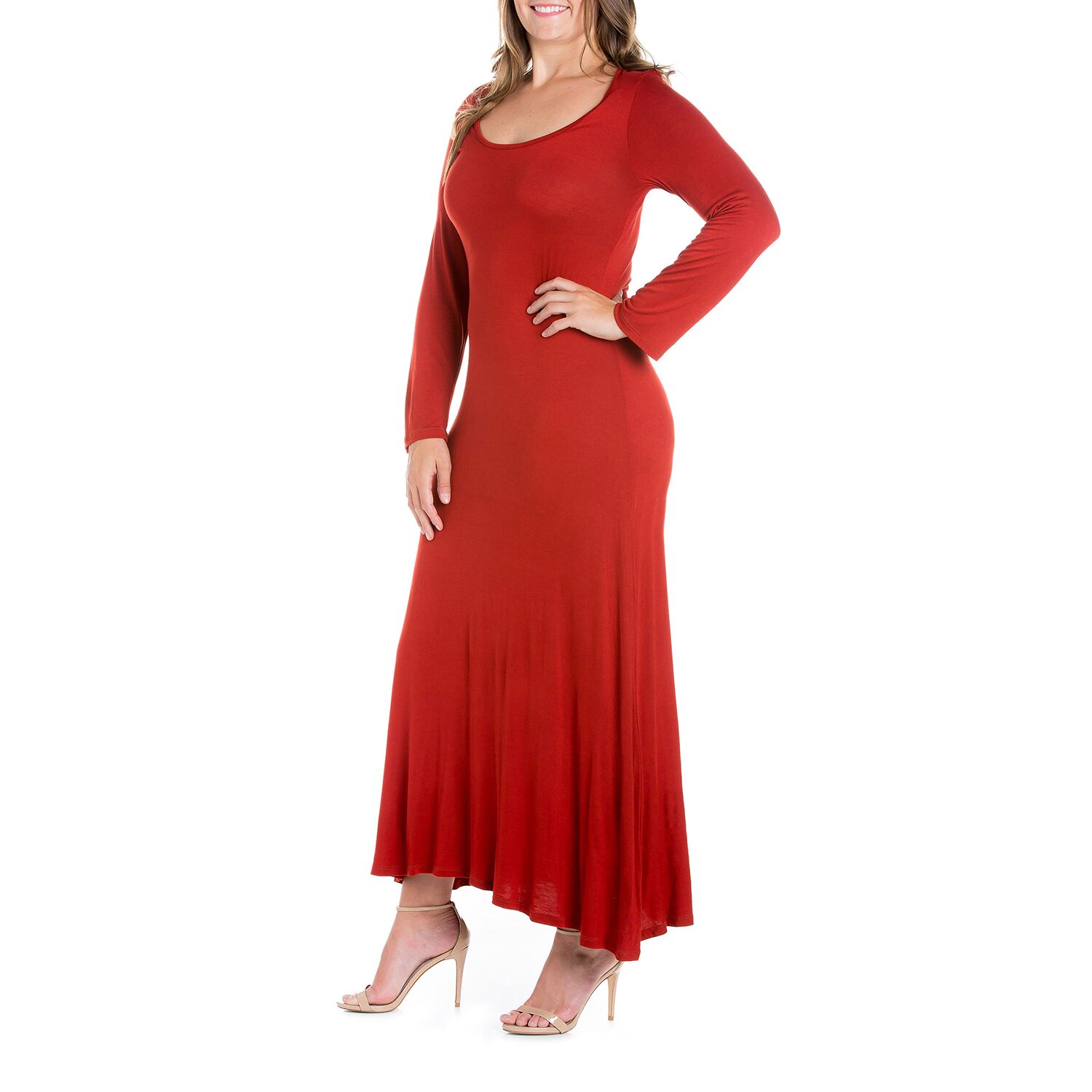 24seven Comfort Apparel Womens Plus Scoop Neck Long Sleeve Maxi Dress