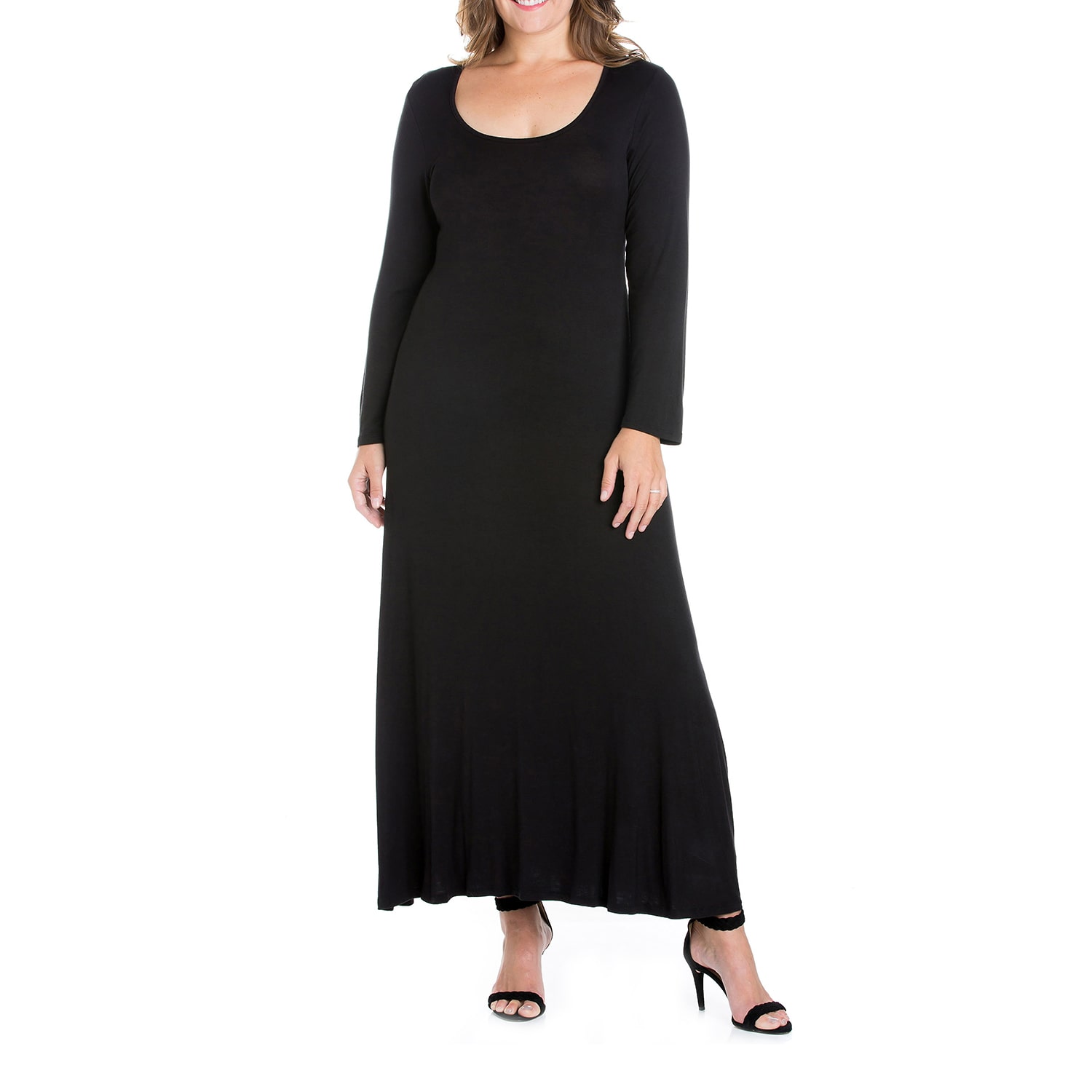 24seven Comfort Apparel Womens Plus Scoop Neck Long Sleeve Maxi Dress