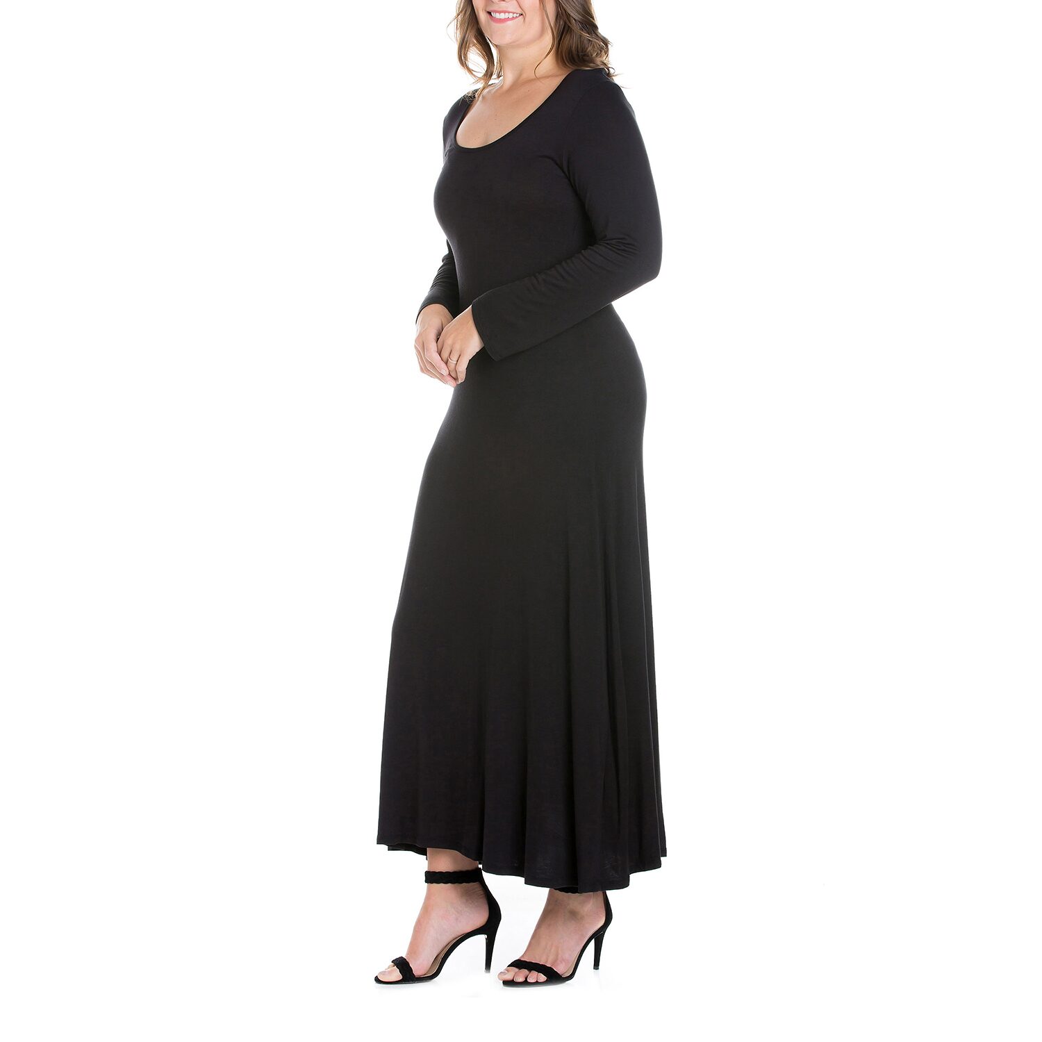24seven Comfort Apparel Womens Plus Scoop Neck Long Sleeve Maxi Dress