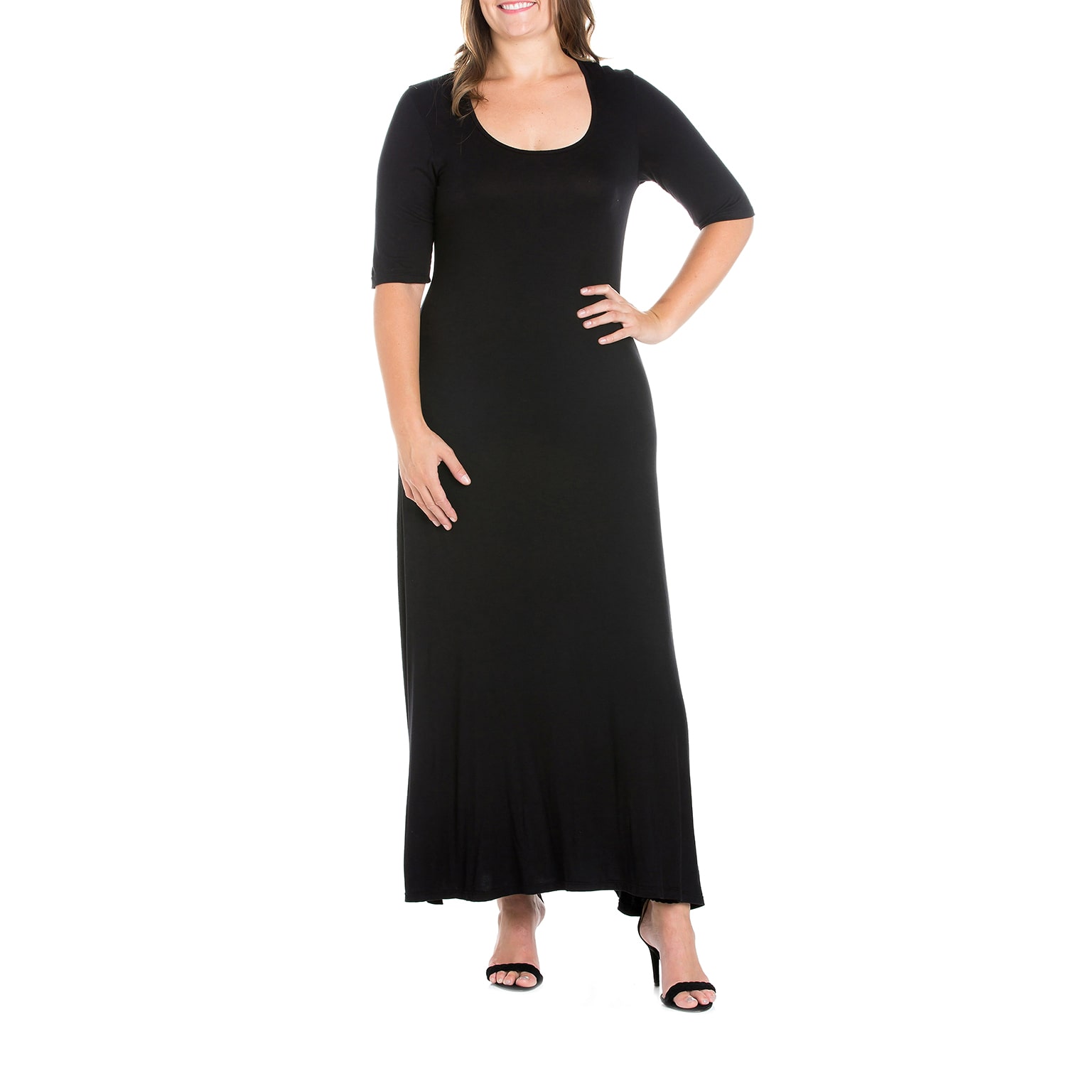 24seven Comfort Apparel Womens Plus Scoop Neck 3/4 Sleeve Maxi Dress