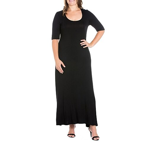 24seven Comfort Apparel Womens Plus Scoop Neck 3/4 Sleeve Maxi Dress, 1x, Black