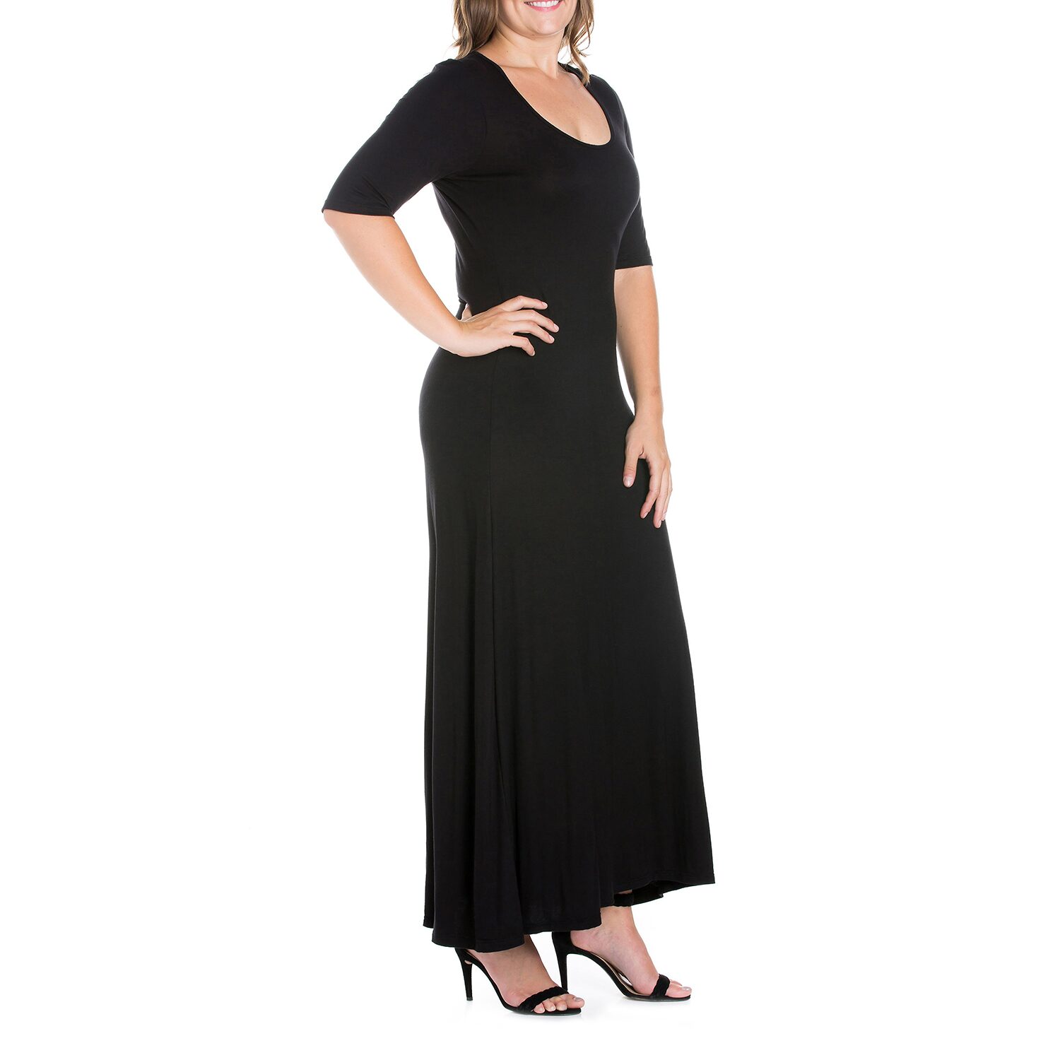 24seven Comfort Apparel Womens Plus Scoop Neck 3/4 Sleeve Maxi Dress