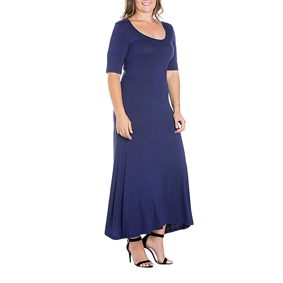 24seven Comfort Apparel Womens Plus Scoop Neck 3/4 Sleeve Maxi Dress