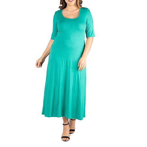 24seven Comfort Apparel Womens Plus Scoop Neck 3/4 Sleeve Maxi Dress, 3x, Green