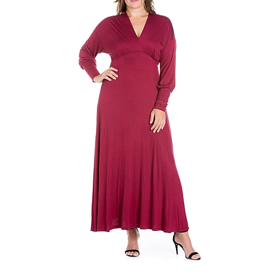 24seven Comfort Apparel Womens Plus V Neck Long Sleeve Maxi Dress