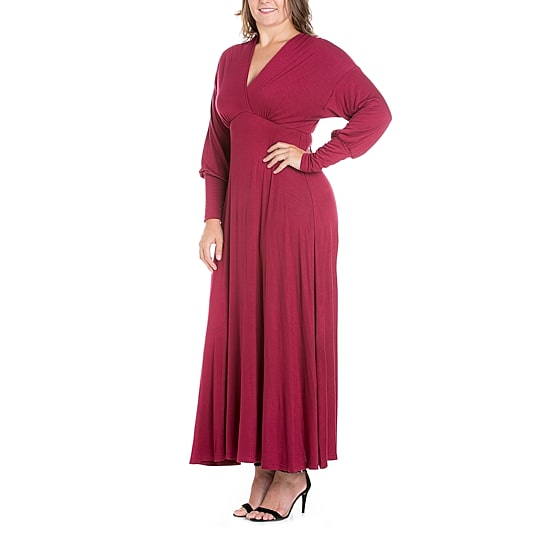 24seven Comfort Apparel Womens Plus V Neck Long Sleeve Maxi Dress