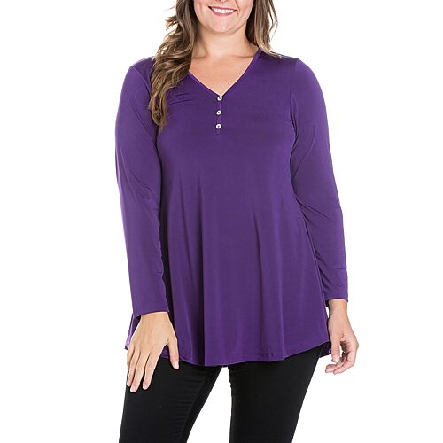 24seven Comfort Apparel Plus Womens Henley Neck Long Sleeve Tunic Top, 3x, Purple