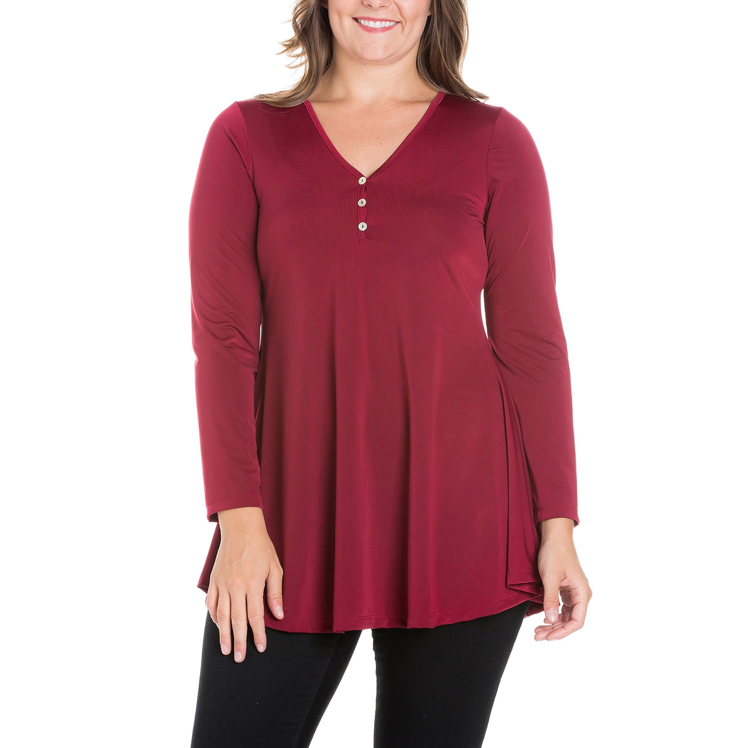 24seven Comfort Apparel Plus Womens Henley Neck Long Sleeve Tunic Top