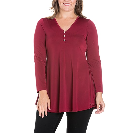 24seven Comfort Apparel Plus Womens Henley Neck Long Sleeve Tunic Top