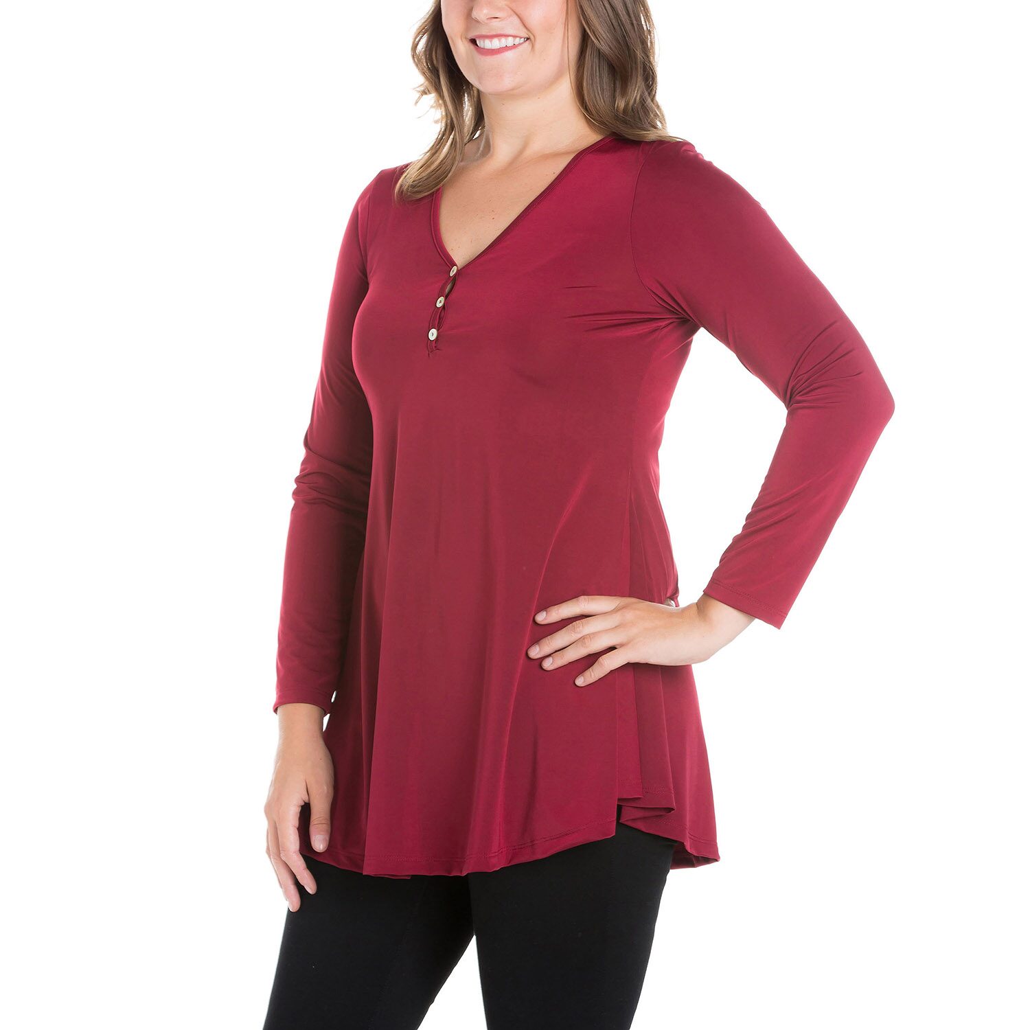 24seven Comfort Apparel Plus Womens Henley Neck Long Sleeve Tunic Top
