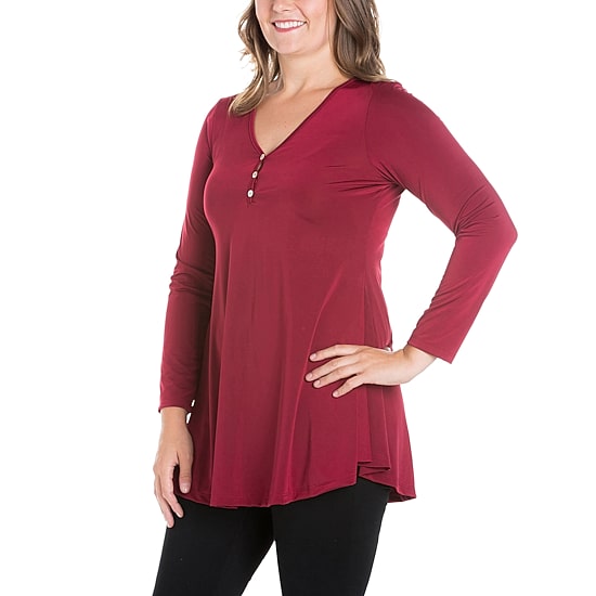 24seven Comfort Apparel Plus Womens Henley Neck Long Sleeve Tunic Top