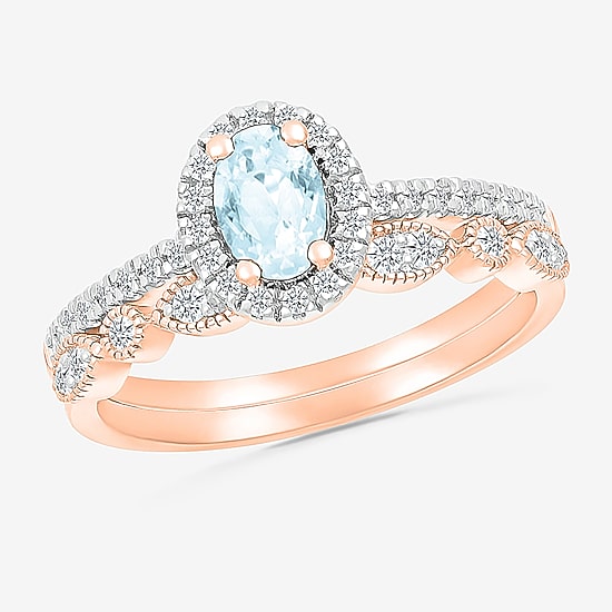 Modern Bride Gemstone Womens Genuine Blue Aquamarine 14K Gold Oval Bridal Set