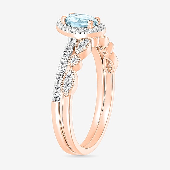 Modern Bride Gemstone Womens Genuine Blue Aquamarine 14K Gold Oval Bridal Set