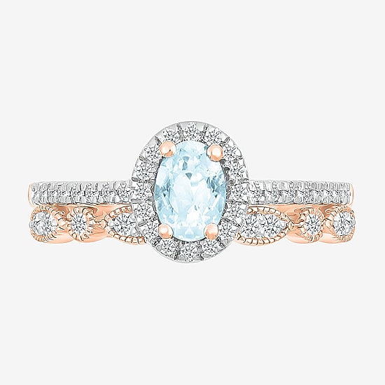 Modern Bride Gemstone Womens Genuine Blue Aquamarine 14K Gold Oval Bridal Set