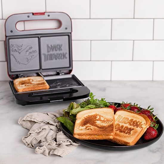Uncanny Brands Jurassic Park Grilled Cheese Maker- Panini Press and Compact Indoor Grill- Opens 180 Degrees