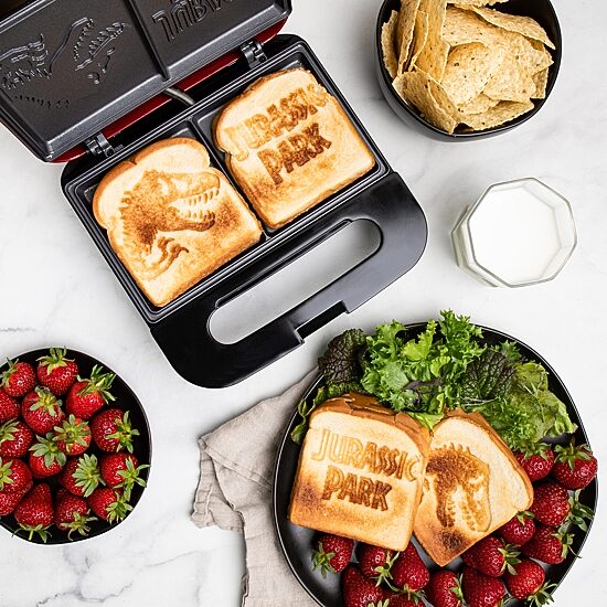 Uncanny Brands Jurassic Park Grilled Cheese Maker- Panini Press and Compact Indoor Grill- Opens 180 Degrees