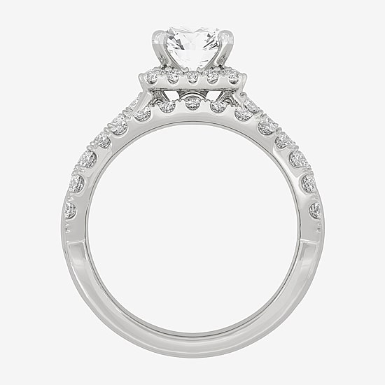 (H-I / Si1-Si2) Womens 2 CT. T.W. Lab Grown White Diamond 10K White Gold Cushion Side Stone Halo Bridal Set