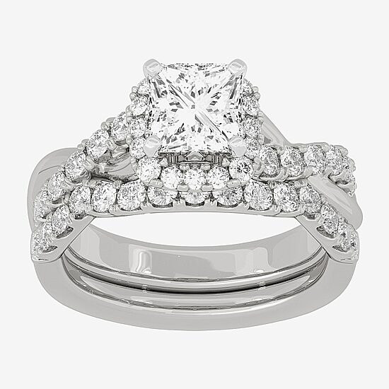 (H-I / Si1-Si2) Womens 2 CT. T.W. Lab Grown White Diamond 10K White Gold Cushion Side Stone Halo Bridal Set