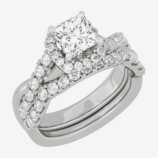 (H-I / Si1-Si2) Womens 2 CT. T.W. Lab Grown White Diamond 10K White Gold Cushion Side Stone Halo Bridal Set