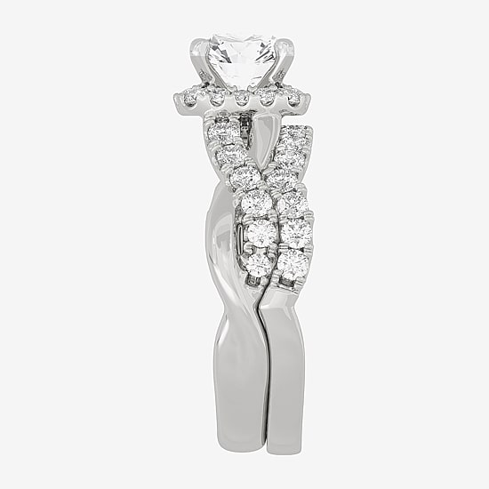 (H-I / Si1-Si2) Womens 2 CT. T.W. Lab Grown White Diamond 10K White Gold Cushion Side Stone Halo Bridal Set
