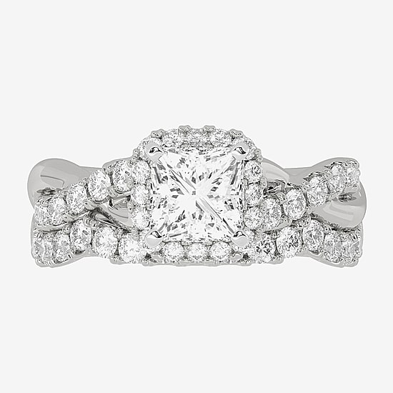 (H-I / Si1-Si2) Womens 2 CT. T.W. Lab Grown White Diamond 10K White Gold Cushion Side Stone Halo Bridal Set
