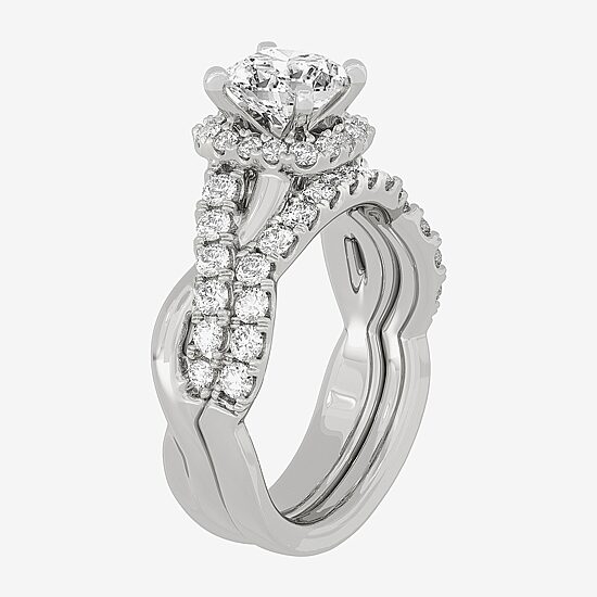 (H-I / Si1-Si2) Womens 2 CT. T.W. Lab Grown White Diamond 10K White Gold Cushion Side Stone Halo Bridal Set