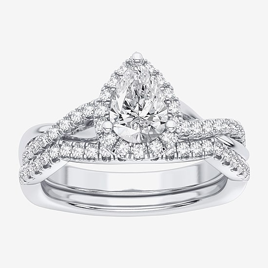 Signature By Modern Bride 1 1/5 CT. T.W. Lab-Grown (H-I / SI1-SI2) Diamond Pear Side Stone Halo Bridal Set in 10K or 14K Gold