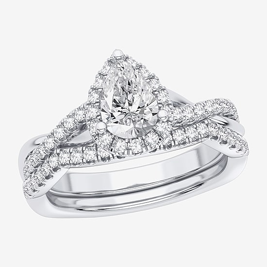 Signature By Modern Bride 1 1/5 CT. T.W. Lab-Grown (H-I / SI1-SI2) Diamond Pear Side Stone Halo Bridal Set in 10K or 14K Gold