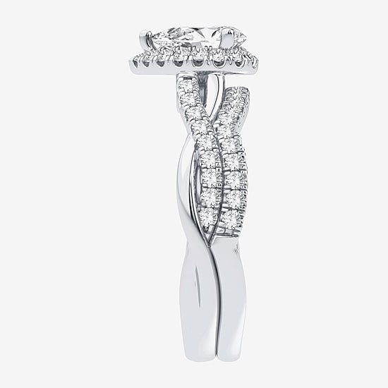 Signature By Modern Bride 1 1/5 CT. T.W. Lab-Grown (H-I / SI1-SI2) Diamond Pear Side Stone Halo Bridal Set in 10K or 14K Gold