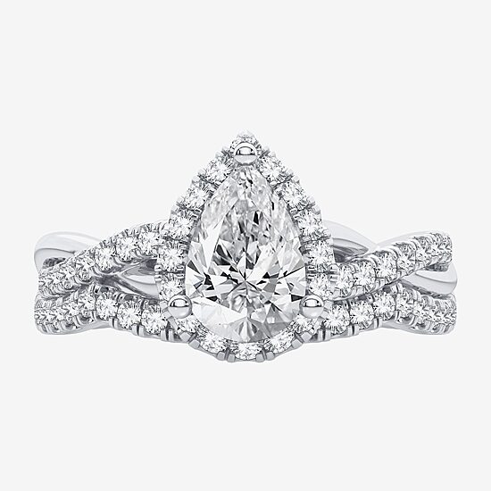 Signature By Modern Bride 1 1/5 CT. T.W. Lab-Grown (H-I / SI1-SI2) Diamond Pear Side Stone Halo Bridal Set in 10K or 14K Gold