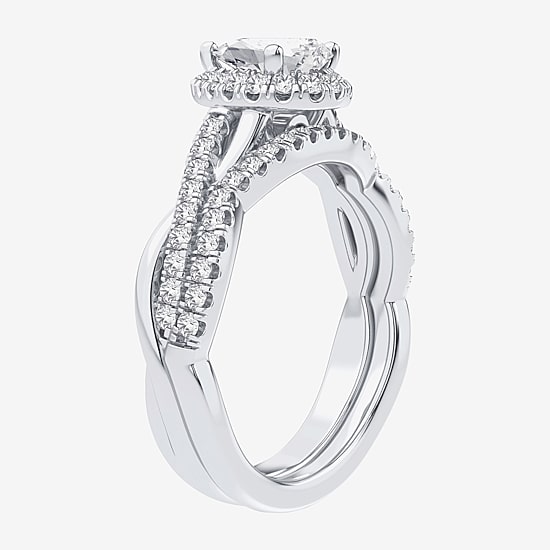 Signature By Modern Bride 1 1/5 CT. T.W. Lab-Grown (H-I / SI1-SI2) Diamond Pear Side Stone Halo Bridal Set in 10K or 14K Gold