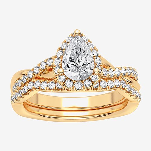Signature By Modern Bride 1 1/5 CT. T.W. Lab-Grown (H-I / SI1-SI2) Diamond Pear Side Stone Halo Bridal Set in 10K or 14K Gold, 9, Yellow