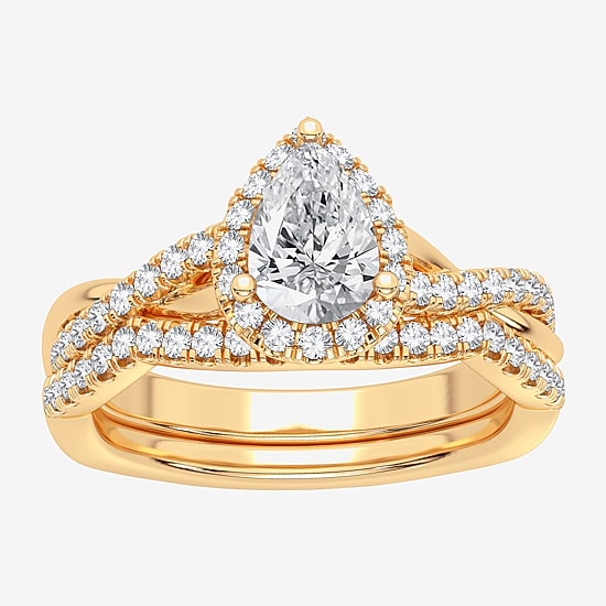 Signature By Modern Bride 1 1/5 CT. T.W. Lab-Grown (H-I / SI1-SI2) Diamond Pear Side Stone Halo Bridal Set in 10K or 14K Gold