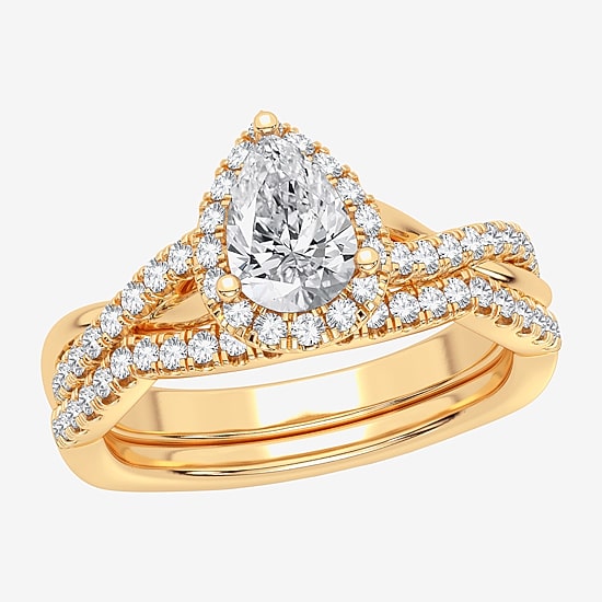 Signature By Modern Bride 1 1/5 CT. T.W. Lab-Grown (H-I / SI1-SI2) Diamond Pear Side Stone Halo Bridal Set in 10K or 14K Gold