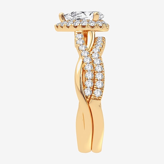 Signature By Modern Bride 1 1/5 CT. T.W. Lab-Grown (H-I / SI1-SI2) Diamond Pear Side Stone Halo Bridal Set in 10K or 14K Gold