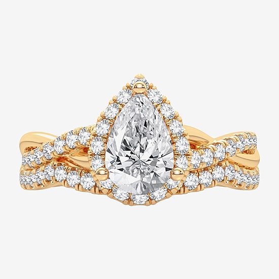 Signature By Modern Bride 1 1/5 CT. T.W. Lab-Grown (H-I / SI1-SI2) Diamond Pear Side Stone Halo Bridal Set in 10K or 14K Gold
