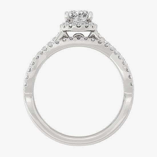 Signature By Modern Bride (H-I / Si1-Si2) Womens 1 1/5 CT. T.W. Lab Grown White Diamond 10K White Gold Oval Side Stone Halo Bridal Set
