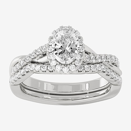 Signature By Modern Bride (H-I / Si1-Si2) Womens 1 1/5 CT. T.W. Lab Grown White Diamond 10K White Gold Oval Side Stone Halo Bridal Set