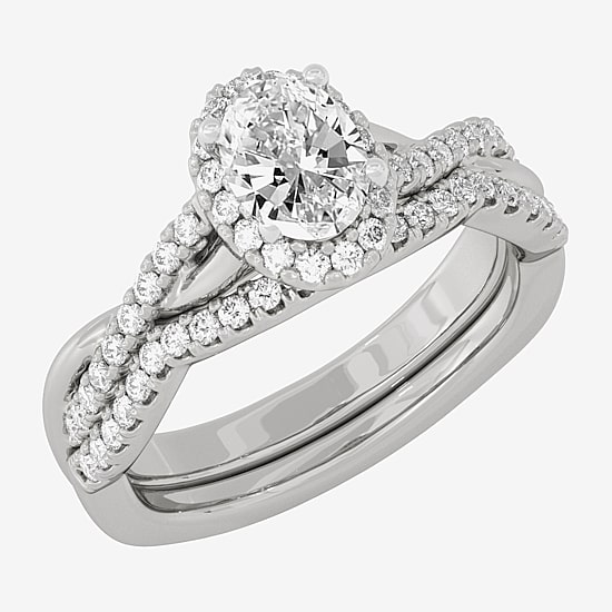 Signature By Modern Bride (H-I / Si1-Si2) Womens 1 1/5 CT. T.W. Lab Grown White Diamond 10K White Gold Oval Side Stone Halo Bridal Set