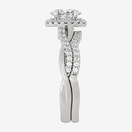 Signature By Modern Bride (H-I / Si1-Si2) Womens 1 1/5 CT. T.W. Lab Grown White Diamond 10K White Gold Oval Side Stone Halo Bridal Set