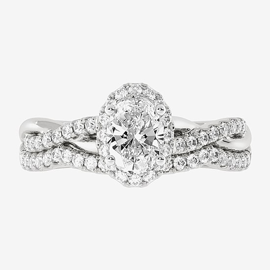 Signature By Modern Bride (H-I / Si1-Si2) Womens 1 1/5 CT. T.W. Lab Grown White Diamond 10K White Gold Oval Side Stone Halo Bridal Set