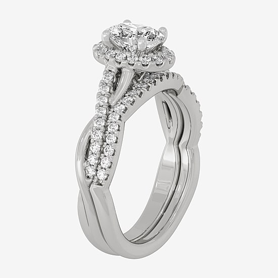 Signature By Modern Bride (H-I / Si1-Si2) Womens 1 1/5 CT. T.W. Lab Grown White Diamond 10K White Gold Oval Side Stone Halo Bridal Set