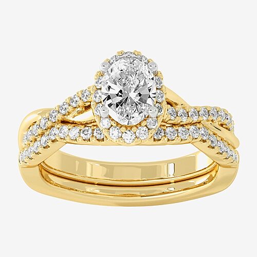 Signature By Modern Bride (H-I / Si1-Si2) Womens 1 1/5 CT. T.W. Lab Grown White Diamond 10K White Gold Oval Side Stone Halo Bridal Set, 9, Yellow