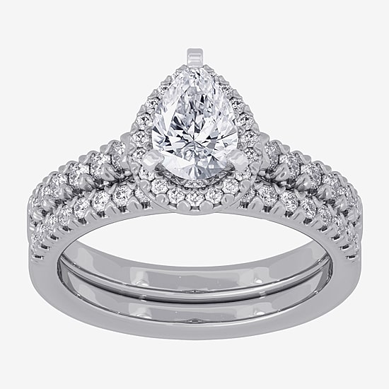 (H-I / Si1-Si2) Womens 1 5/8 CT. T.W. Lab Grown White Diamond 10K White Gold Pear Side Stone Halo Bridal Set