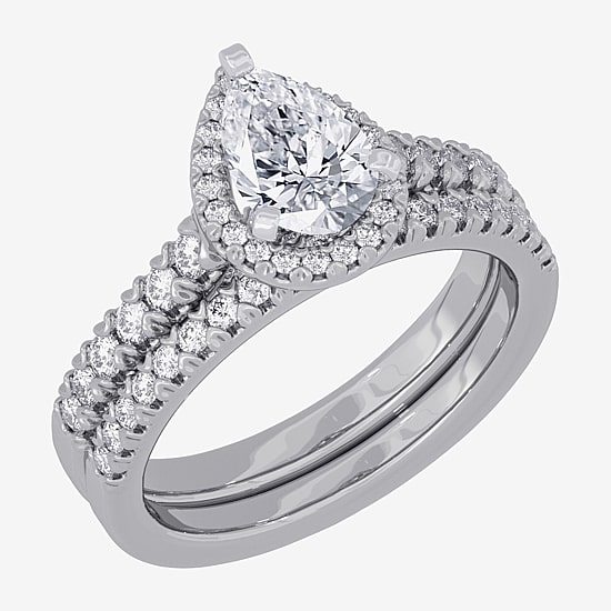 (H-I / Si1-Si2) Womens 1 5/8 CT. T.W. Lab Grown White Diamond 10K White Gold Pear Side Stone Halo Bridal Set
